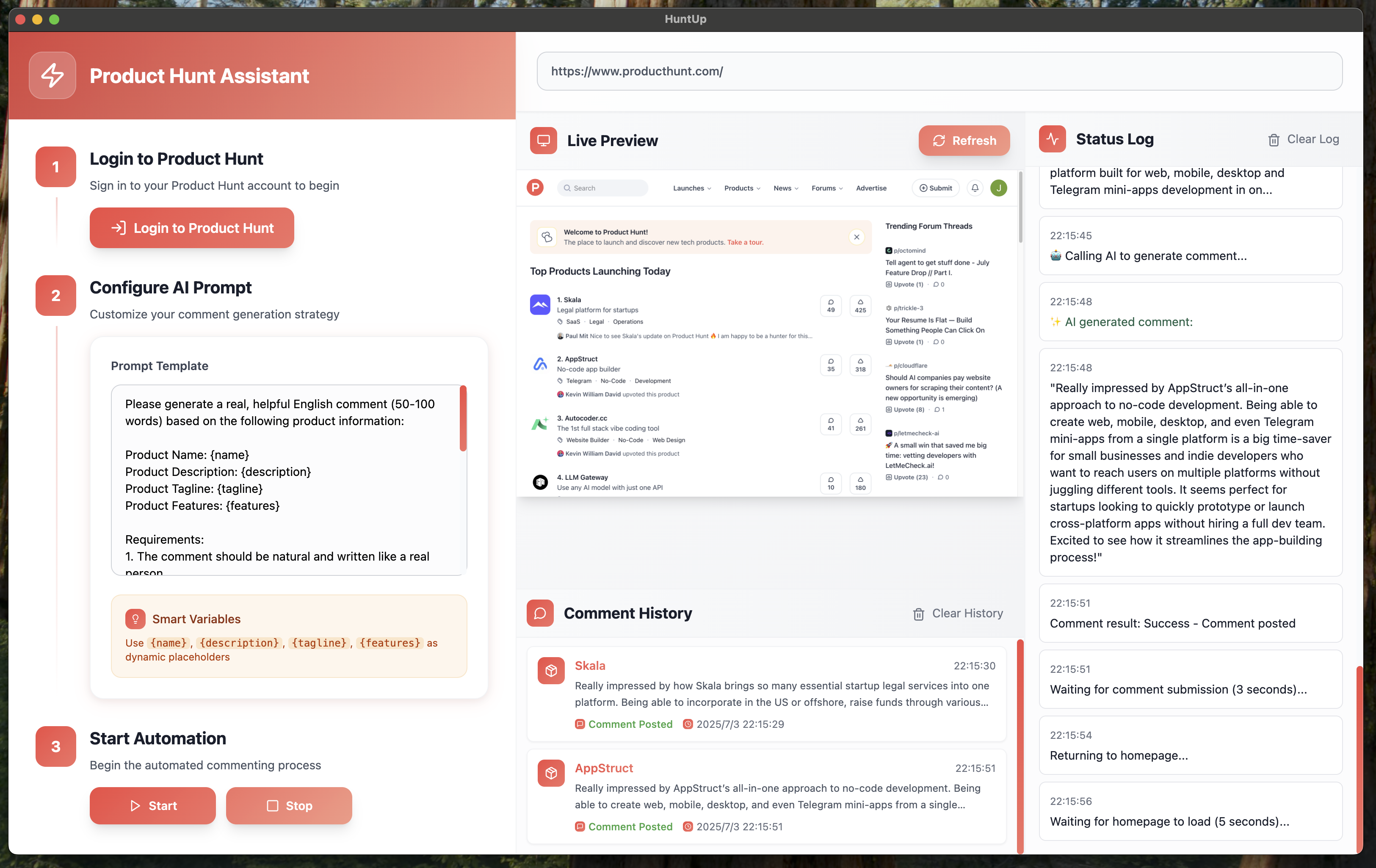 Screenshot of HuntUp app interface